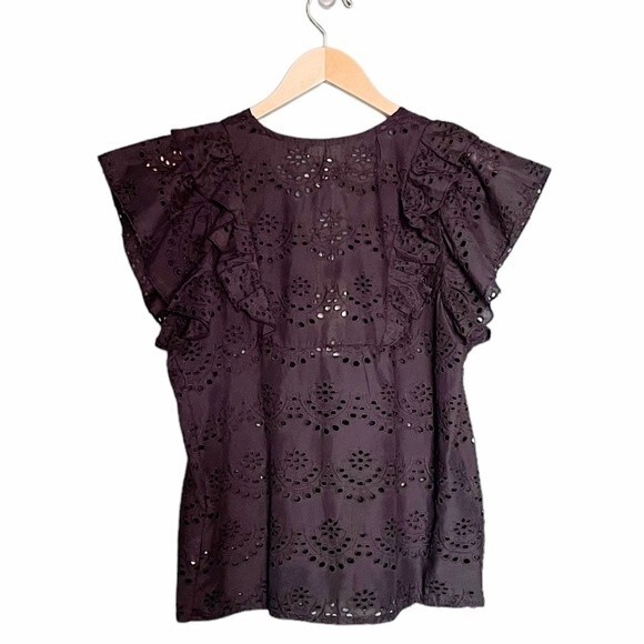 NWT Nicole Miller Top Black Cotton Eyelet Flutter Sleeve Blouse Size Small NEW - Picture 3 of 16